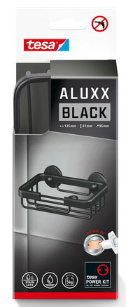 Schwarze Seifenschale von tesa ALUXX, seitliche Perspektive, einfache Montage ohne Bohren, Maße 135x47x95mm.