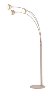 Moderne beige vloerlamp met drie gebogen armen en ronde, verlichte lampkoppen, afgebeeld in vooraanzicht op een witte achtergrond