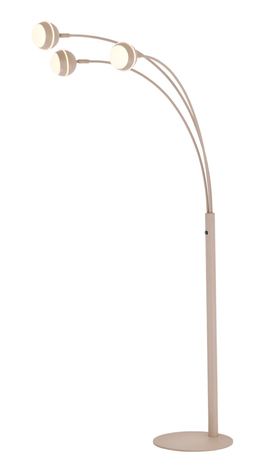 Moderne beige vloerlamp met drie gebogen armen en ronde, verlichte lampkoppen, afgebeeld in vooraanzicht op een witte achtergrond