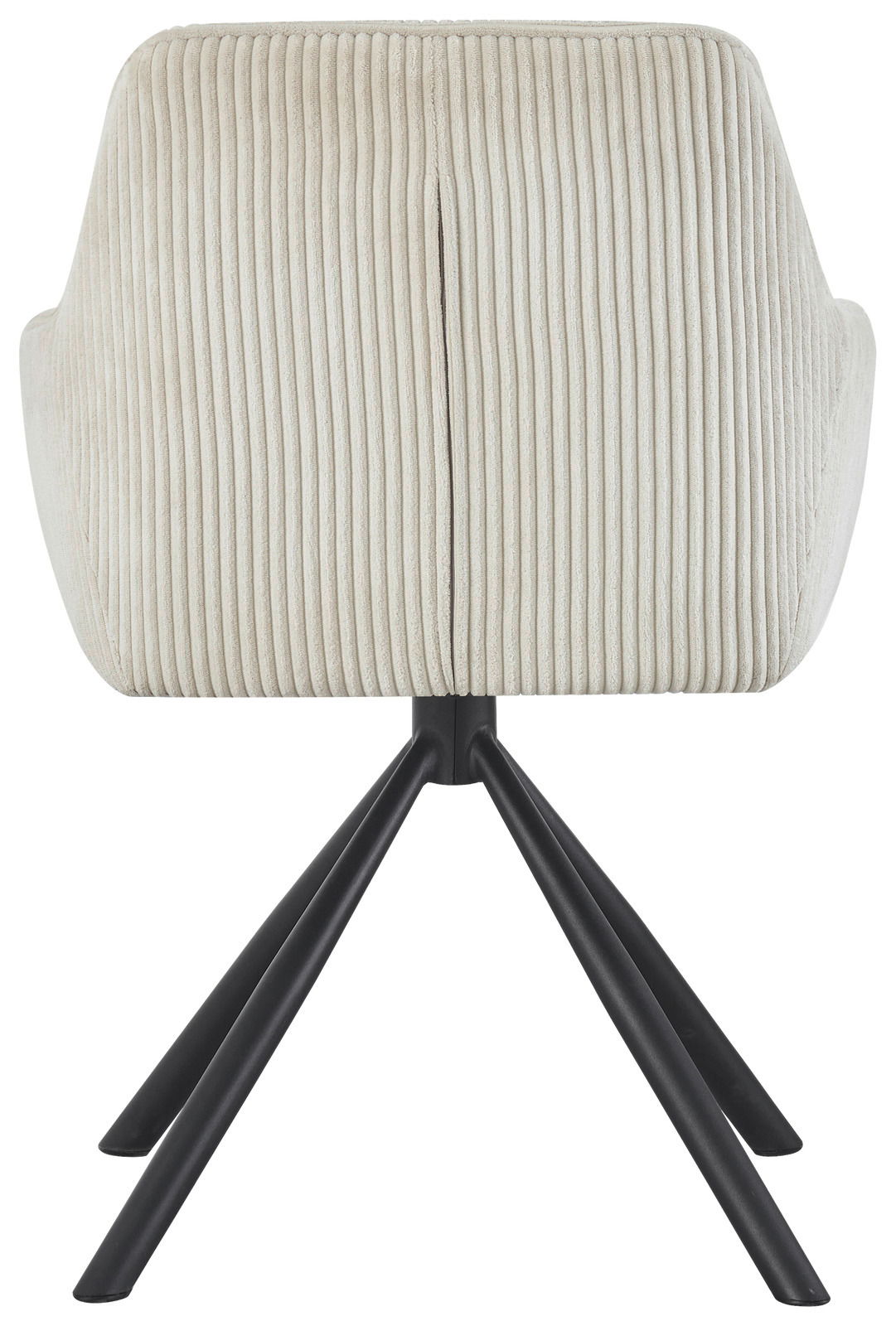 Rückansicht eines Armlehnstuhls LISA mit cremefarbenem, geripptem Stoffbezug und schwarzen Metallbeinen.