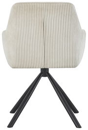 Rückansicht eines Armlehnstuhls LISA mit cremefarbenem, geripptem Stoffbezug und schwarzen Metallbeinen.