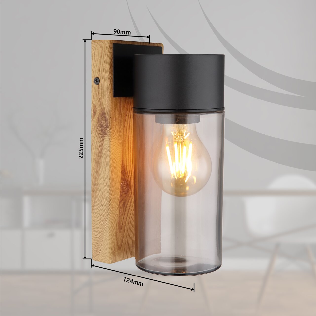 Außenleuchte mit Holzhalterung und Glaszylinder, seitliche Perspektive