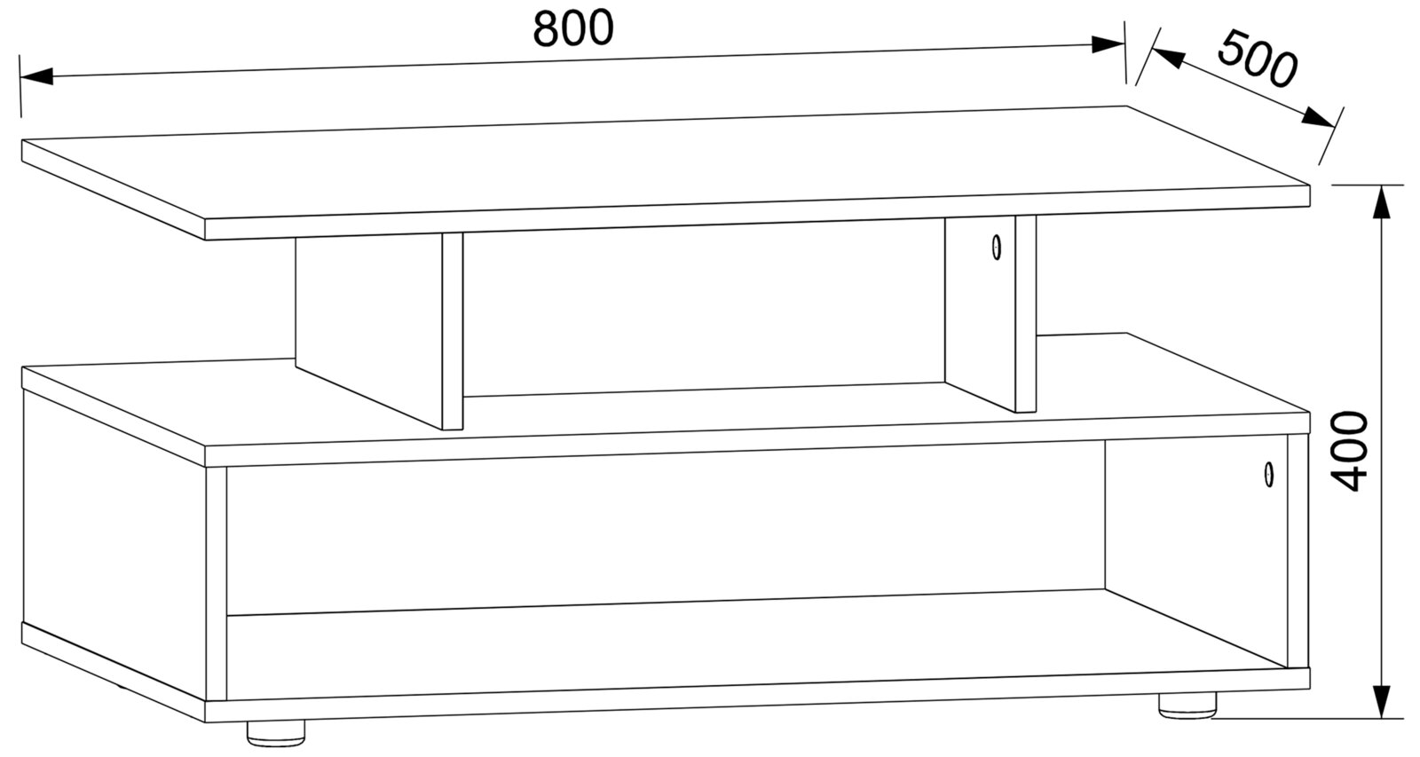 Technische Strichzeichnung eines zweistufigen TV-Lowboards/Regals mit offener Ablage, Maße ca. 800 x 500 x 400 mm, dargestellt in schräger Perspektive von vorn oben.