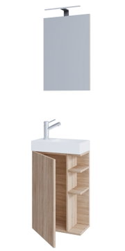 Badezimmer-Waschtisch mit weißem Aufsatzwaschbecken und geöffnetem Unterschrank in heller Holzoptik mit Regalfächern, dazu passender Spiegel mit LED-Aufsatzleuchte; Frontansicht in leichter Perspektive vor weißem Hintergrund
