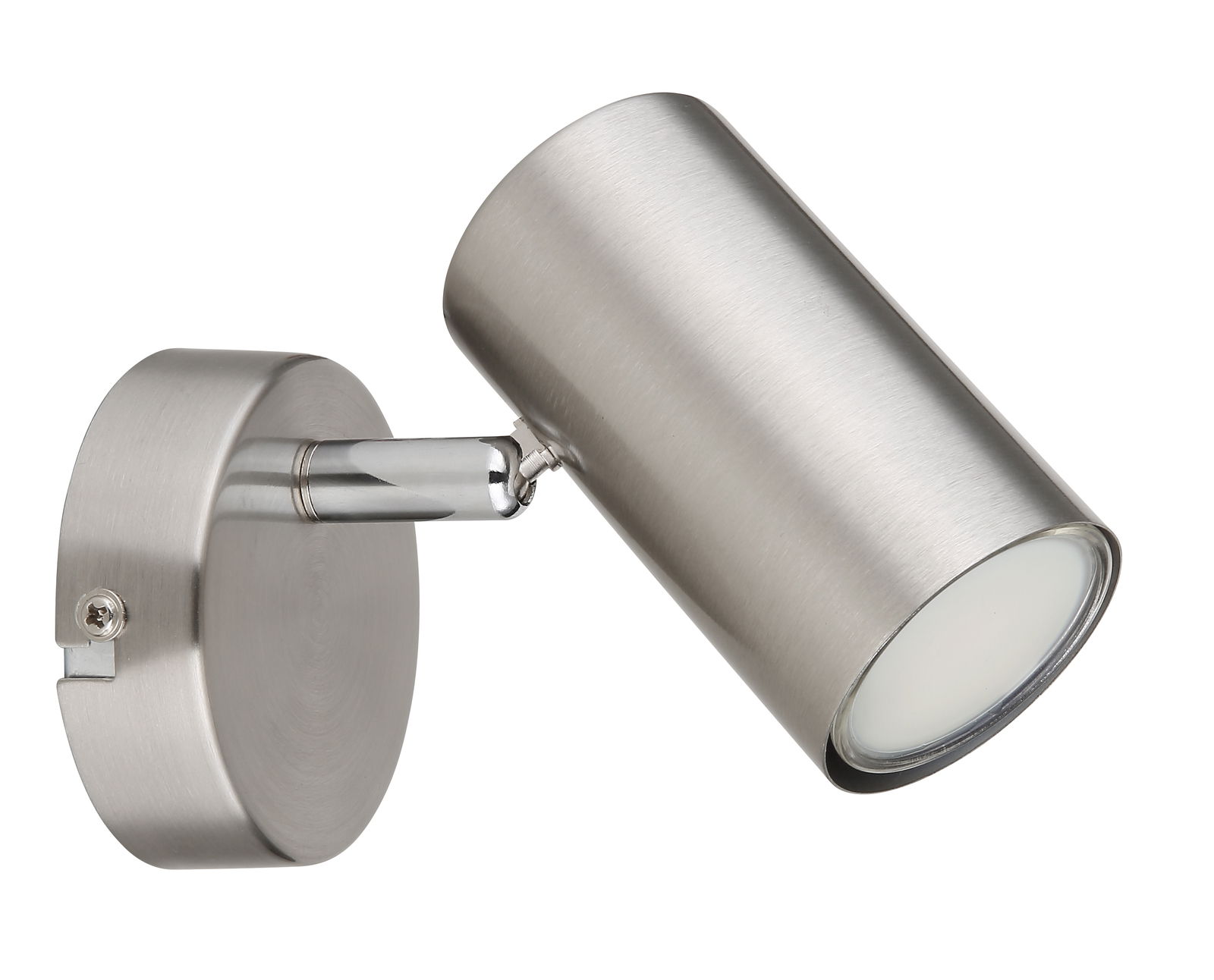 Moderner zylindrischer Strahler aus gebürstetem Metall, seitliche Perspektive