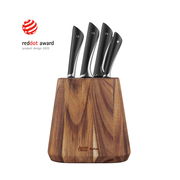 7-teiliger Messerblock aus Holz mit schwarzen Griffen, seitliche Perspektive