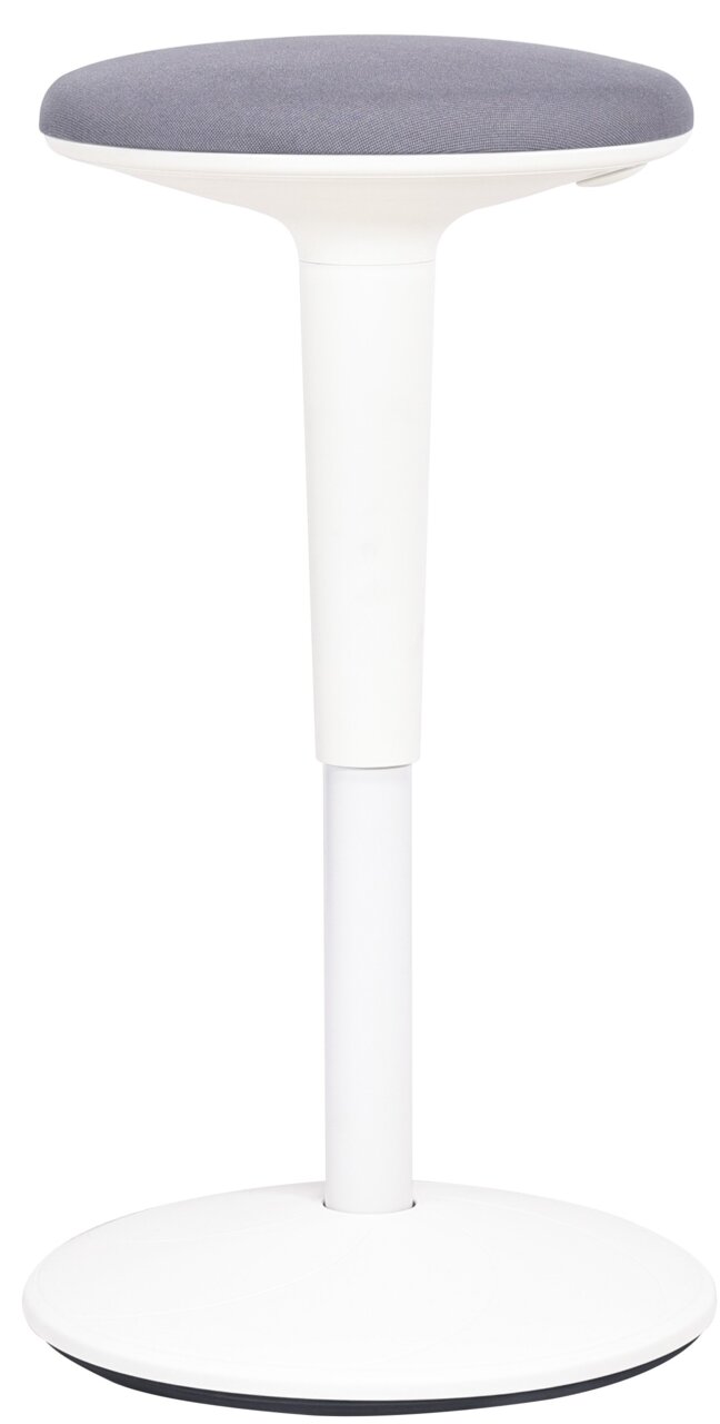 Moderner Sitzhocker mit grauer Sitzfläche und weißem Standfuß, seitliche Perspektive