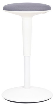 Moderner Sitzhocker mit grauer Sitzfläche und weißem Standfuß, seitliche Perspektive