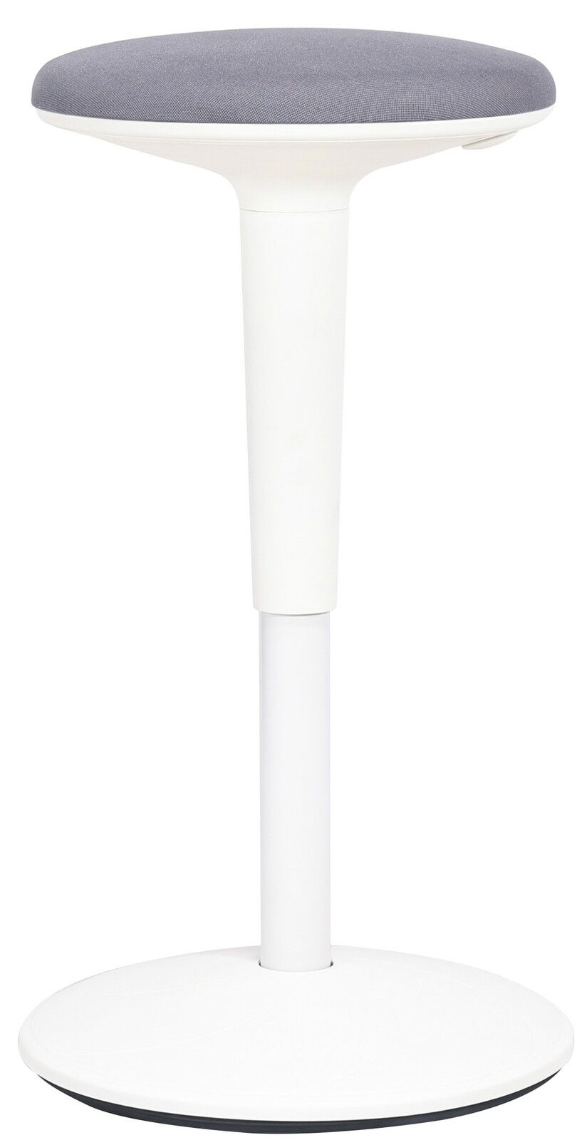 Moderner Sitzhocker mit grauer Sitzfläche und weißem Standfuß, seitliche Perspektive