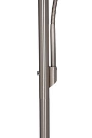 Nahaufnahme einer modernen LED-Stehleuchte aus gebürstetem Metall mit flexiblem Arm.