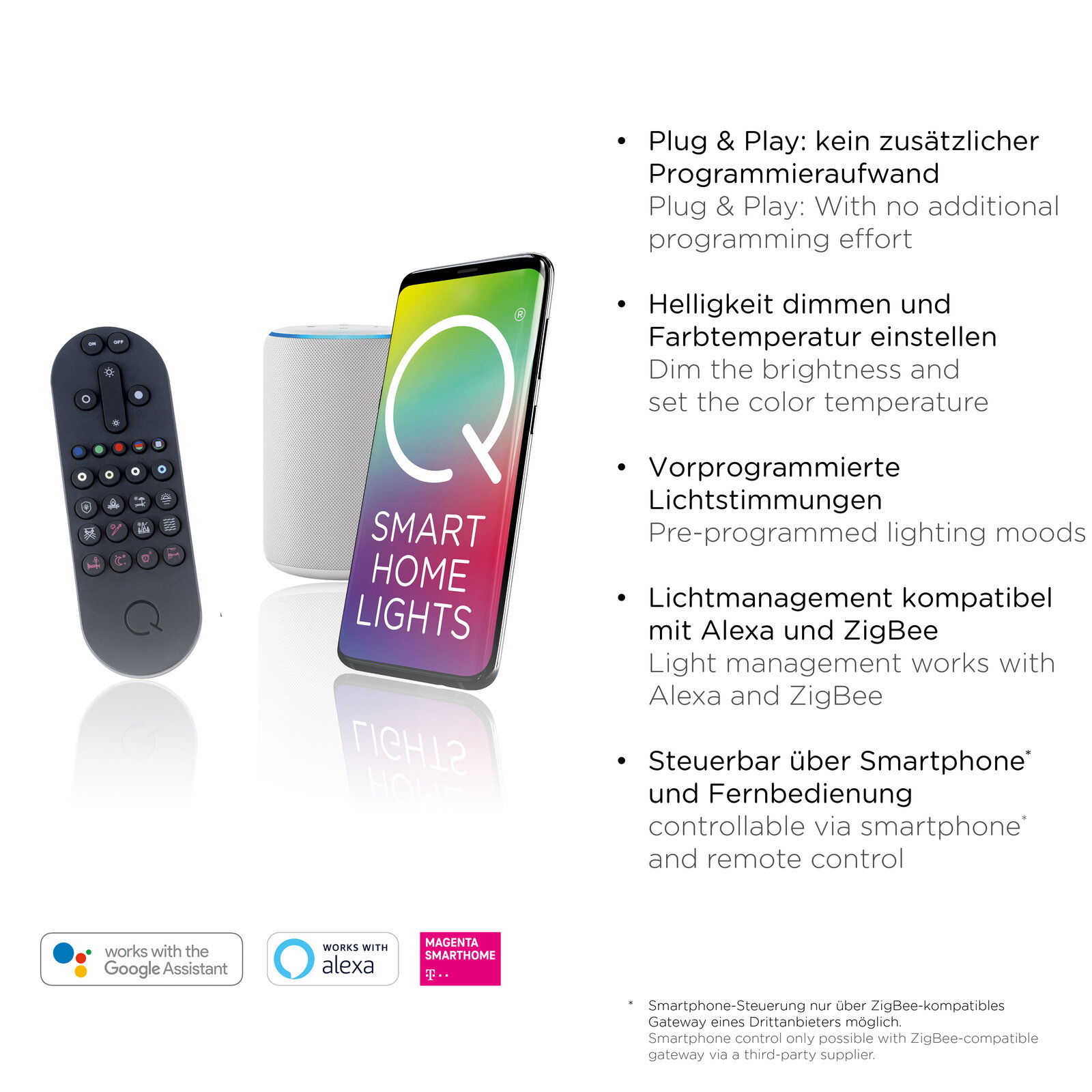 Fernbedienung und Smartphone mit Q Smart Home Lights App, perspektivisch von vorne. Kompatibel mit Alexa und ZigBee, bietet Plug & Play, dimmbare Helligkeit und vorprogrammierte Lichtstimmungen.