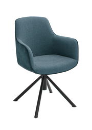 Moderner Sessel in Blau mit gepolstertem Sitz und Rückenlehne, auf schwarzem Metallgestell, seitliche Perspektive.