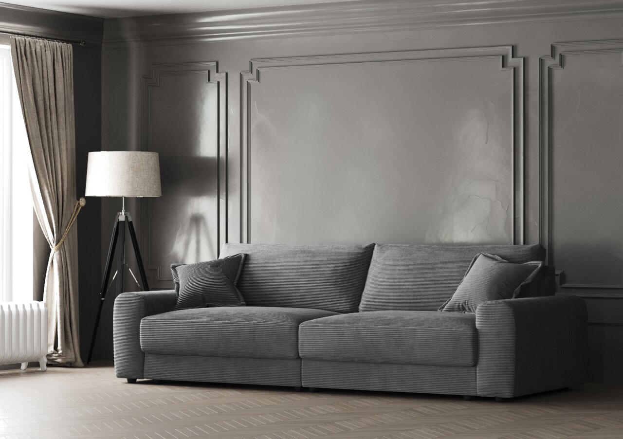 Graues Big-Sofa in einem eleganten Wohnzimmer mit klassischer Wandverkleidung, seitliche Perspektive