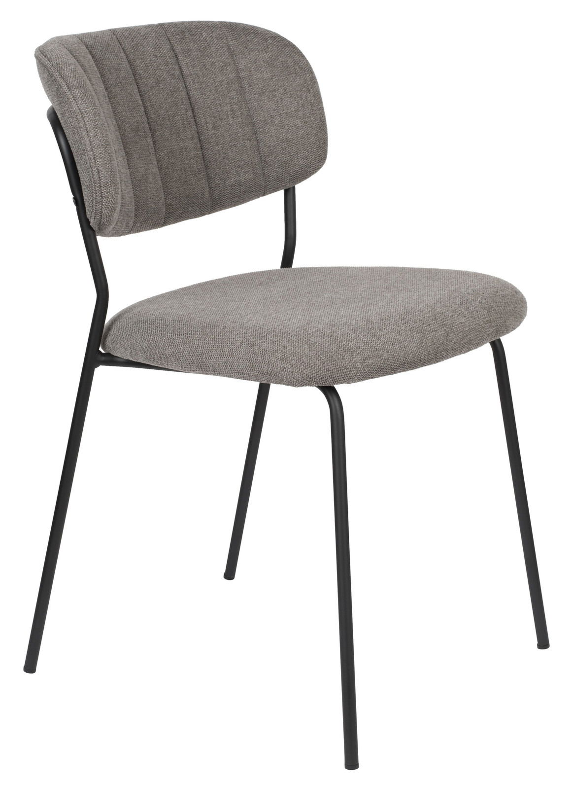Grauer Stuhl mit gepolsterter Sitzfläche und Rückenlehne, schwarzes Metallgestell, seitliche Perspektive