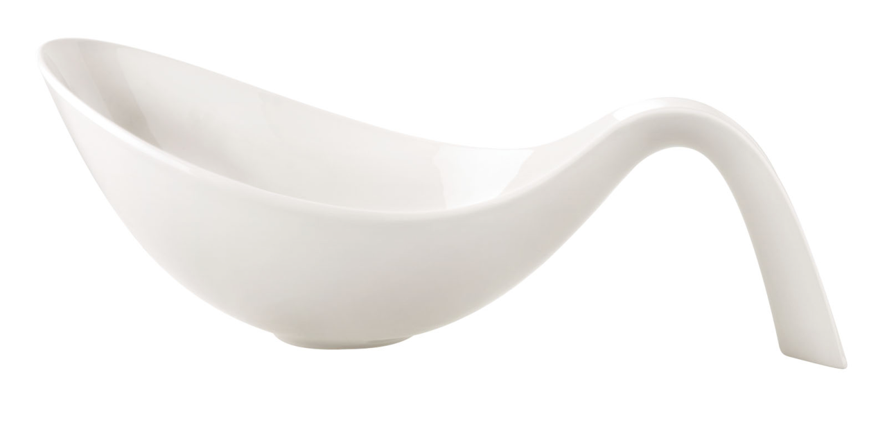 Weiße Schüssel mit Griff, seitliche Perspektive