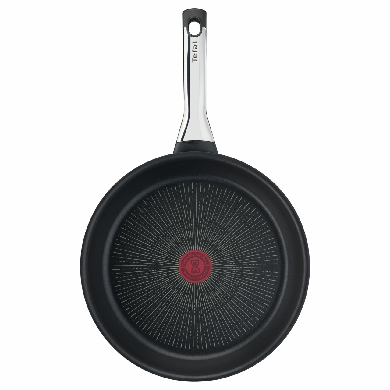 Bratpfanne Excellence 32cm von oben mit schwarzer Antihaftbeschichtung und rotem Thermo-Spot in der Mitte.