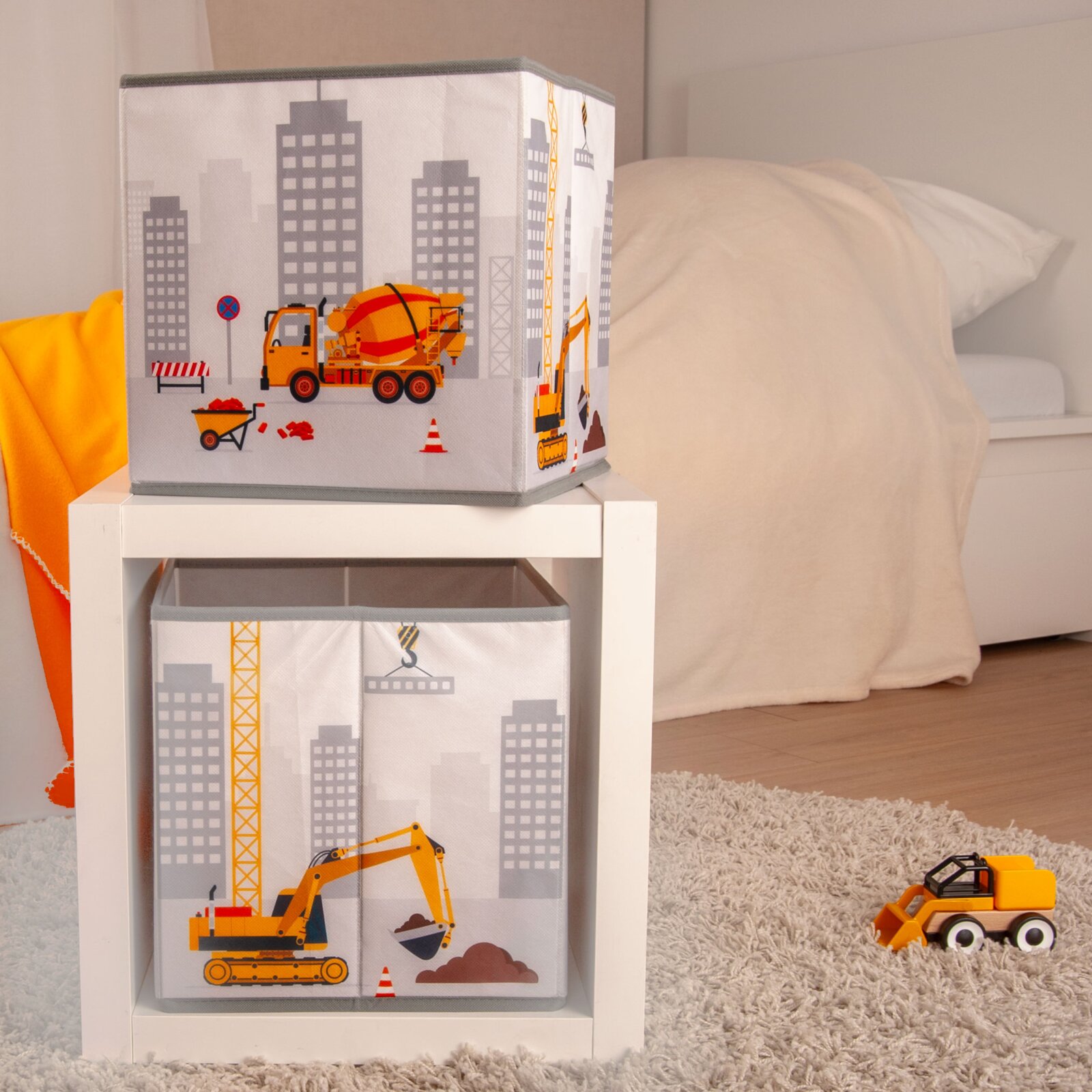 Aufbewahrungsbox mit Bauarbeiter-Motiv, seitliche Perspektive