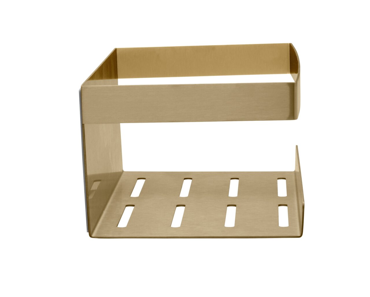 Goldene Wandablage Meleto mit rechteckigem Design und Schlitzen, seitliche Perspektive