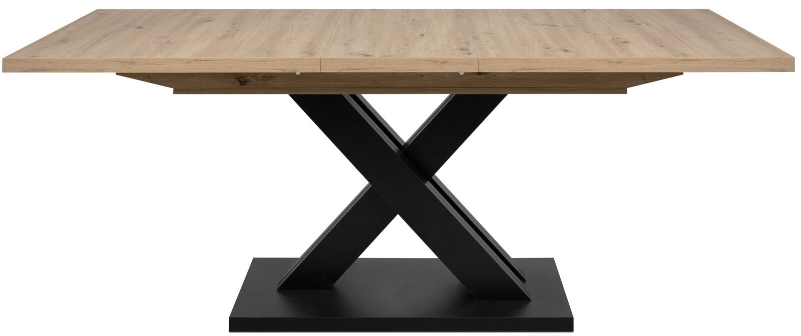 Moderner Esstisch mit Holzplatte und schwarzem X-förmigem Metallgestell, Frontalansicht