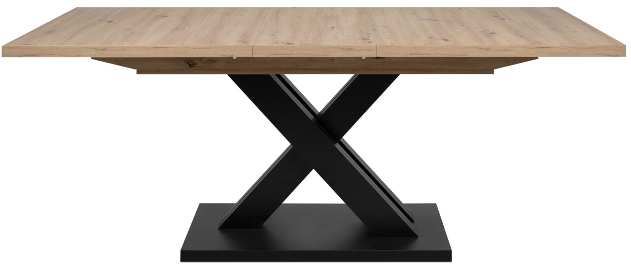 Moderner Esstisch mit Holzplatte und schwarzem X-förmigem Metallgestell, Frontalansicht