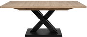 Moderner Esstisch mit Holzplatte und schwarzem X-förmigem Metallgestell, Frontalansicht
