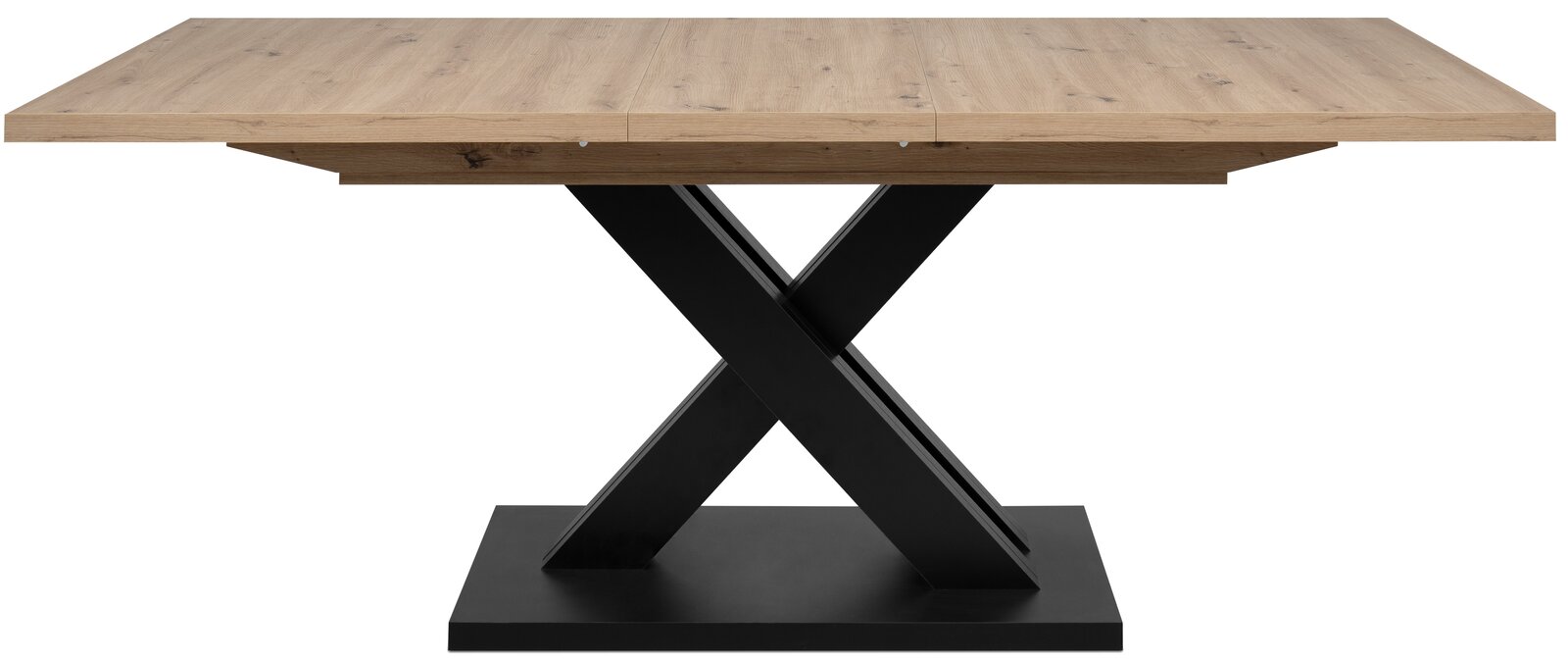 Moderner Esstisch mit Holzplatte und schwarzem X-förmigem Metallgestell, Frontalansicht