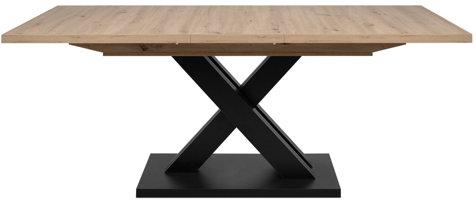Moderner Esstisch mit Holzplatte und schwarzem X-förmigem Metallgestell, Frontalansicht