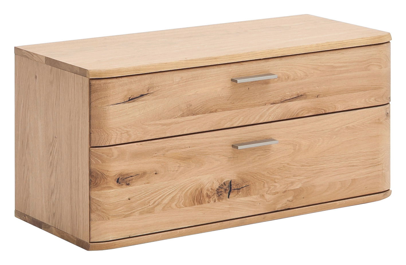 Linea Natura Garderobenbank NILO Garderobenbank aus Holz mit zwei Schubladen, seitliche Perspektive