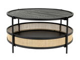 Runder Couchtisch mit schwarzer Holzplatte und geflochtenem Rattan-Design, seitliche Perspektive