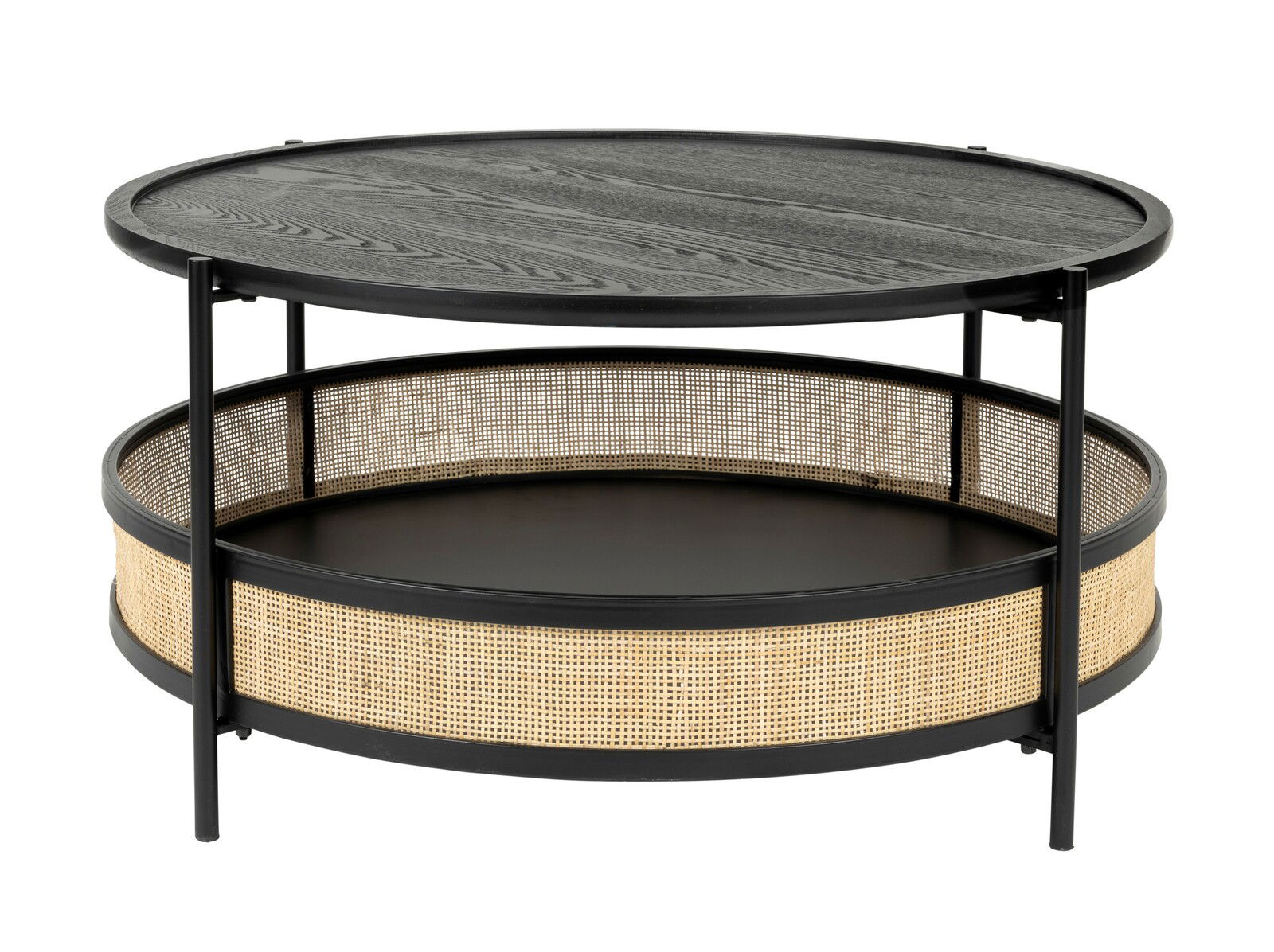 Runder Couchtisch mit schwarzer Holzplatte und geflochtenem Rattan-Design, seitliche Perspektive