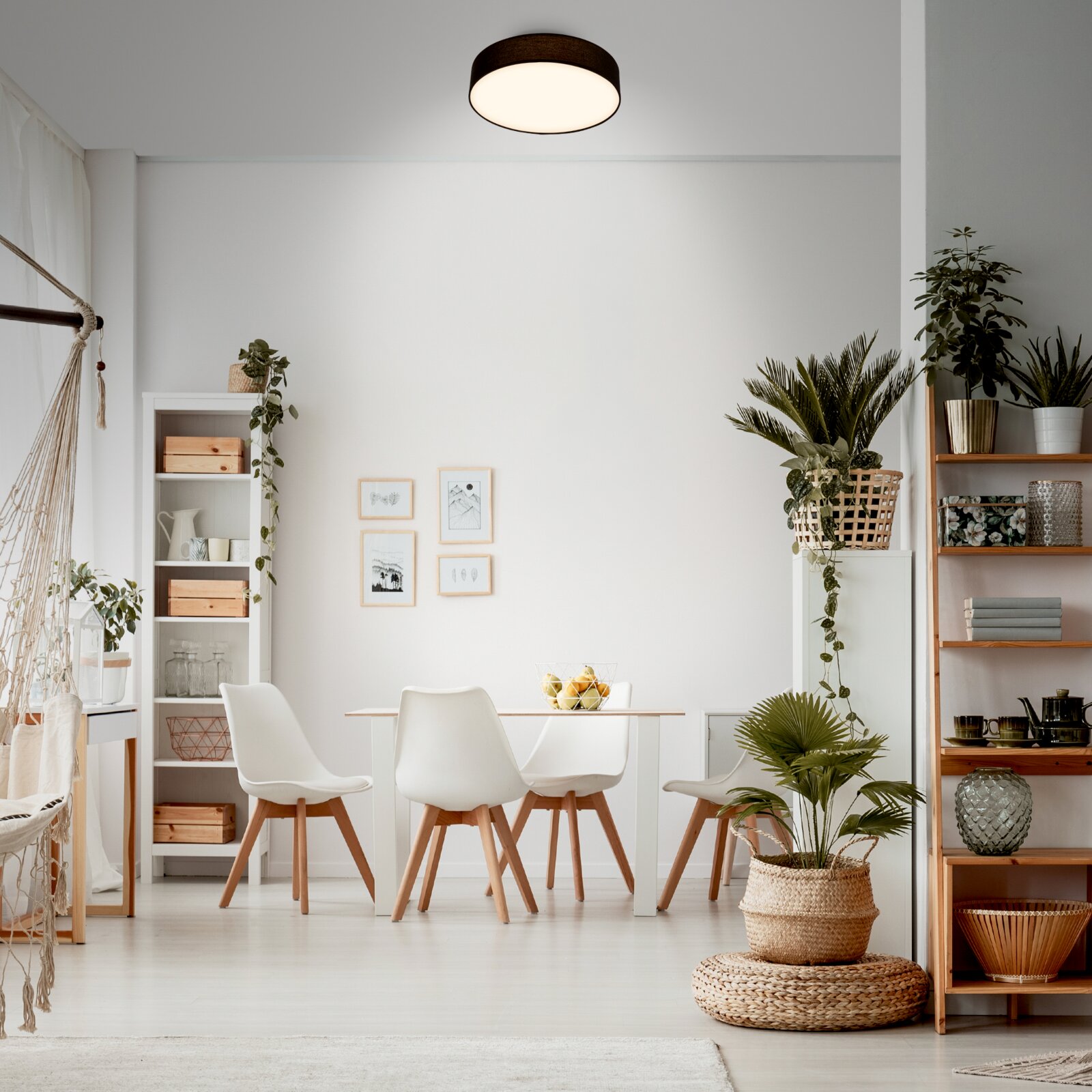 Runde, flache LED-Deckenleuchte in dunkler Holzoptik mit opalem Diffusor, eingeschaltet in einem hellen Esszimmer; Ansicht von unten/leicht frontal zur Decke