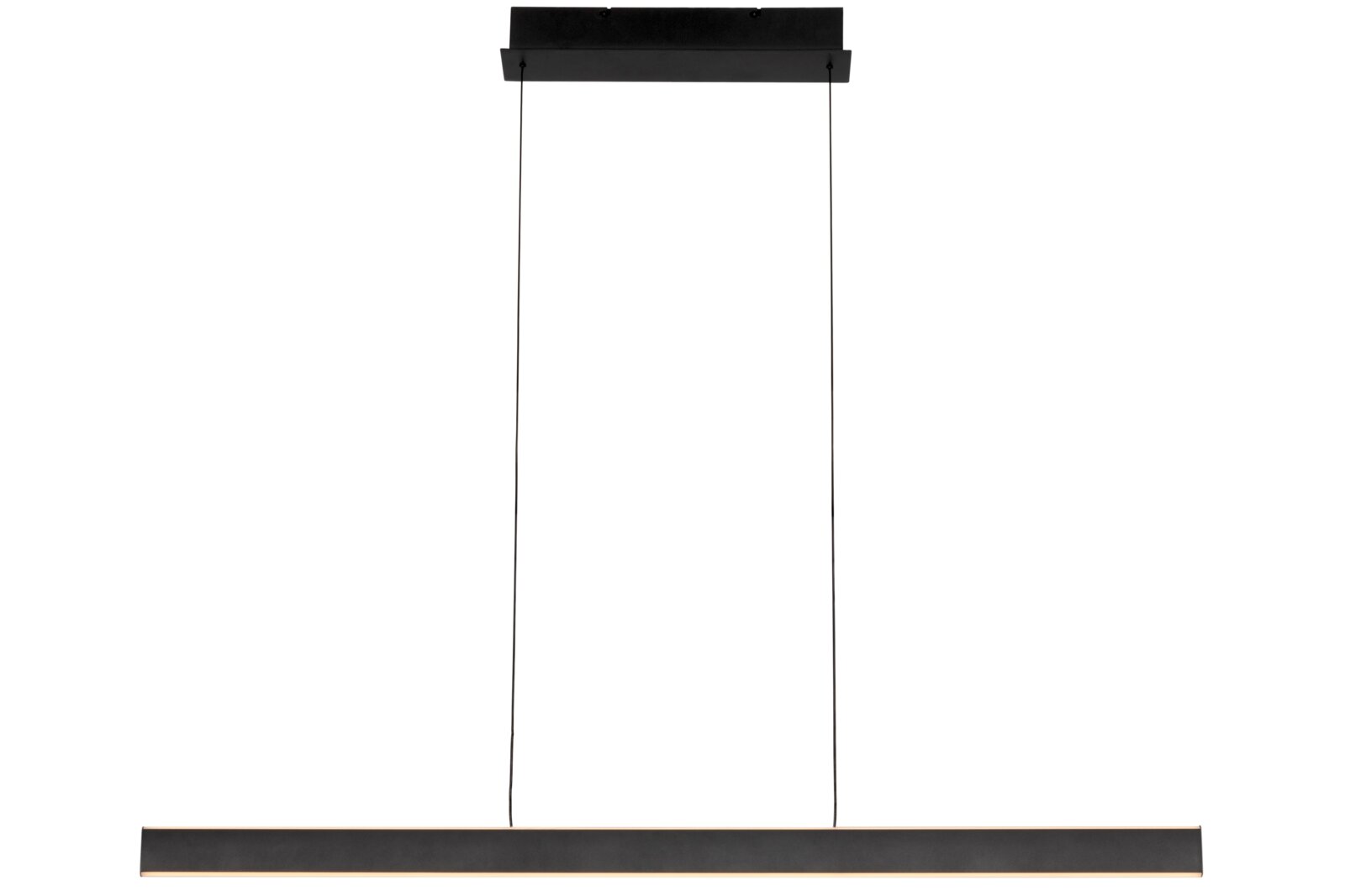 Moderne LED-hanglamp in een zwart ontwerp, gezien van voren.
