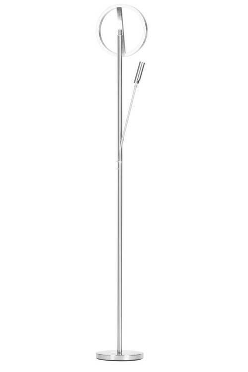 Moderner LED-Deckenfluter in silberner Farbe, schlankes Design mit rundem Leuchtelement, seitliche Perspektive