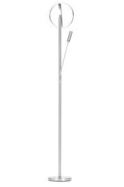 Moderner LED-Deckenfluter in silberner Farbe, schlankes Design mit rundem Leuchtelement, seitliche Perspektive