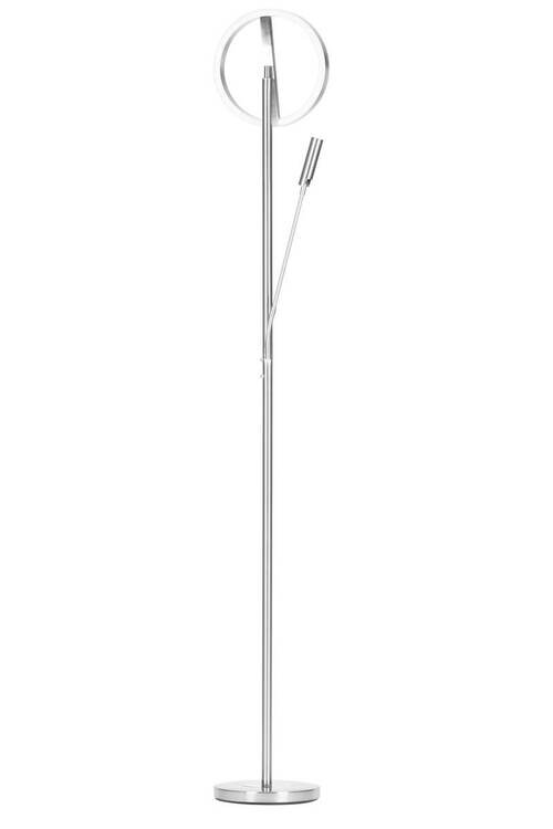 Moderner LED-Deckenfluter in silberner Farbe, schlankes Design mit rundem Leuchtelement, seitliche Perspektive