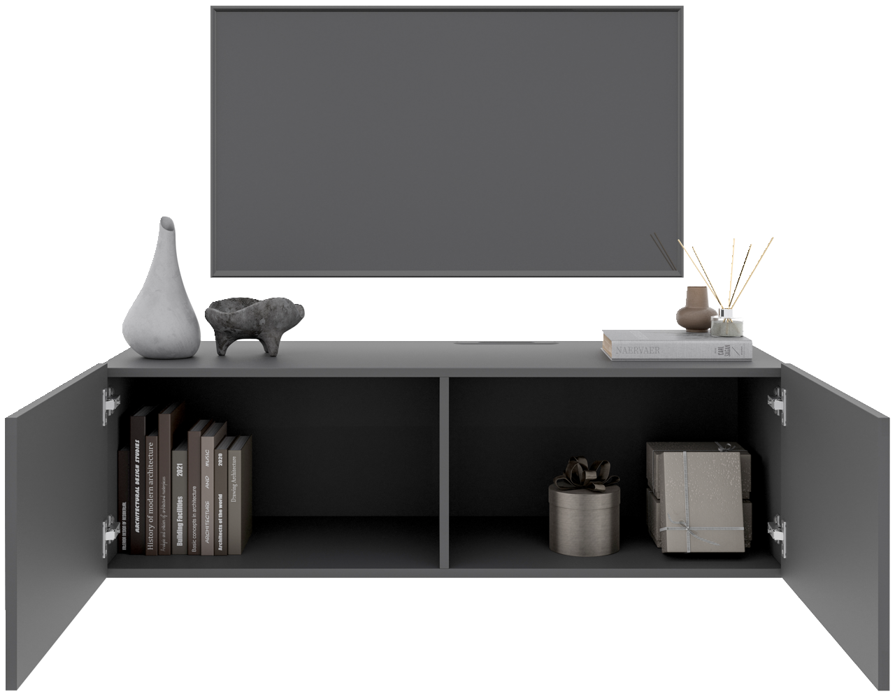Frontale Ansicht eines grauen TV-Hängelowboards mit offenen Türen, dekoriert mit Büchern, Vasen und Geschenken.