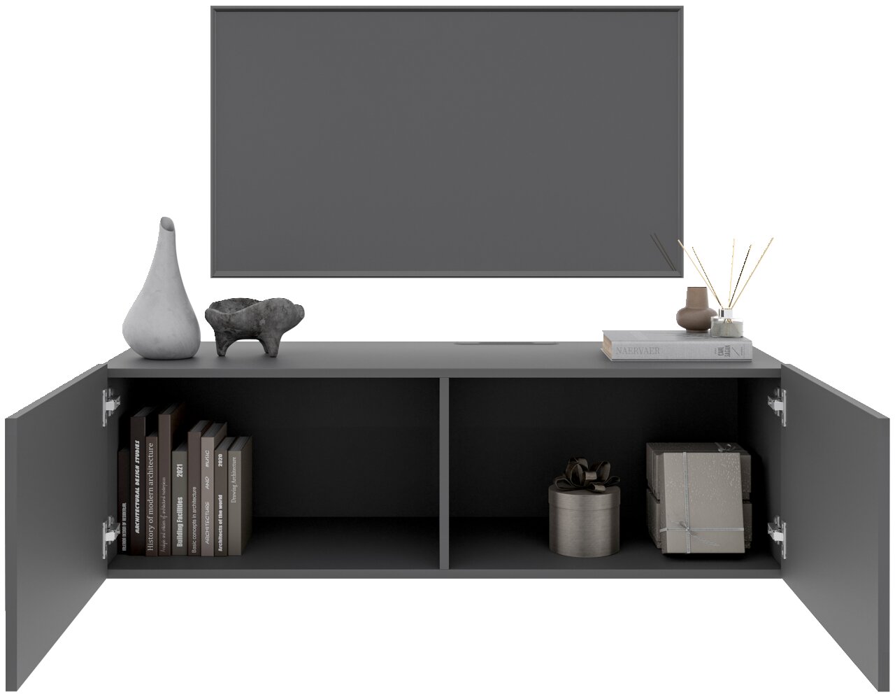Vooraanzicht van een grijs hangend tv-meubel met open deuren, versierd met boeken, vazen en cadeautjes.
