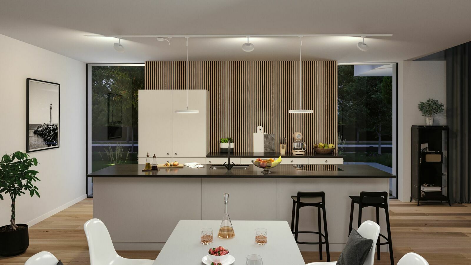 Moderne Küche mit Schienenspot Hildor an der Decke, Blick von der Essbereich-Perspektive.