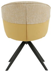 Rückansicht eines Armlehnstuhls mit beigem Stoffbezug und schwarzem Metallgestell.