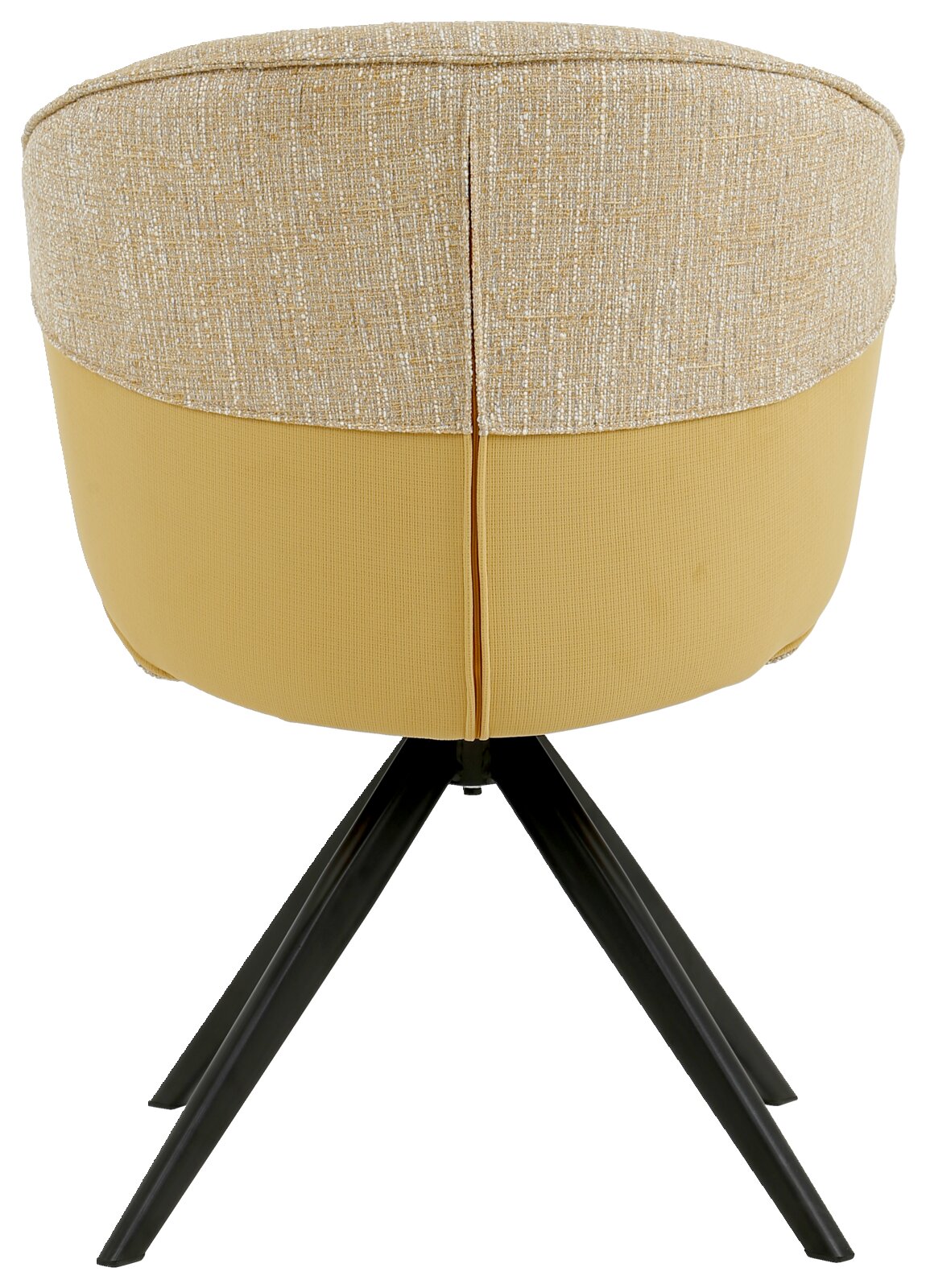 Achterkant van een fauteuil met een beige stoffen bekleding en een zwart metalen frame.