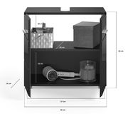Frontansicht eines schwarzen Badezimmerschranks mit zwei offenen Türen, zwei Regalböden und verschiedenen Gegenständen wie einem Föhn und Aufbewahrungsboxen.