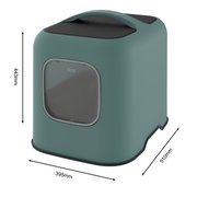 Kattenbak in modern design, zijaanzicht, met handvat en afgeronde hoeken, afmetingen 443 mm x 395 mm x 510 mm