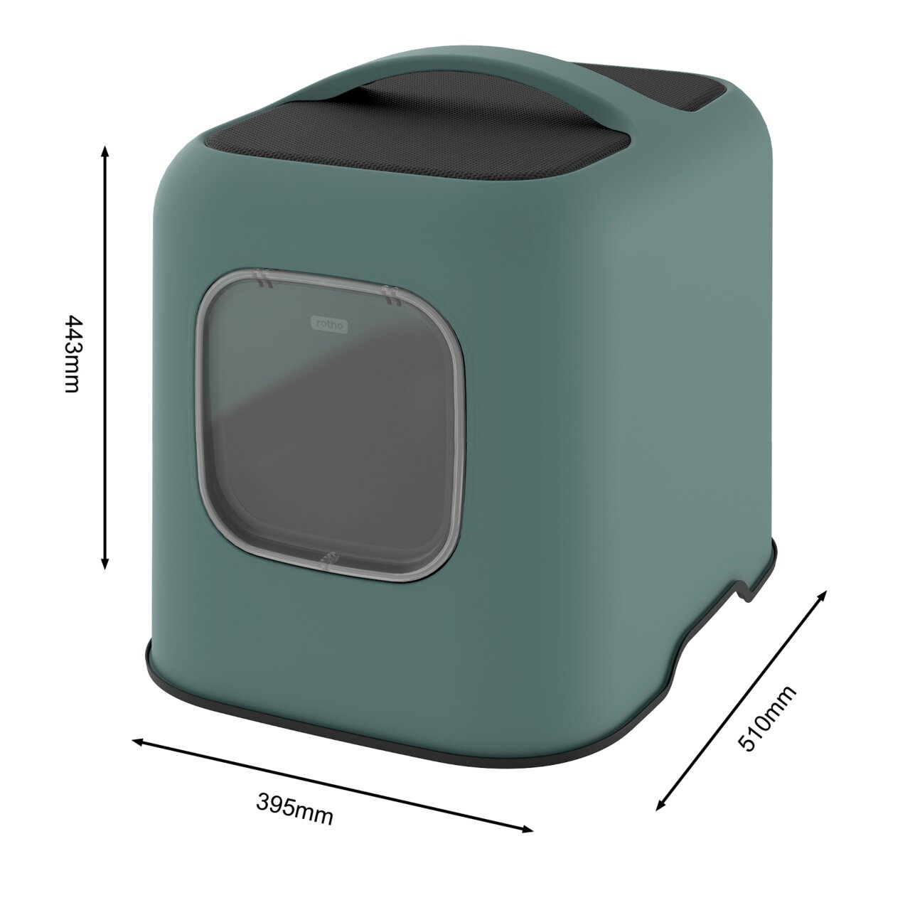 Kattenbak in modern design, zijaanzicht, met handvat en afgeronde hoeken, afmetingen 443 mm x 395 mm x 510 mm