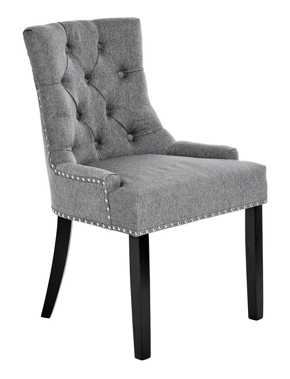 Grauer Polsterstuhl mit Knopfheftung und Nieten, seitliche Perspektive