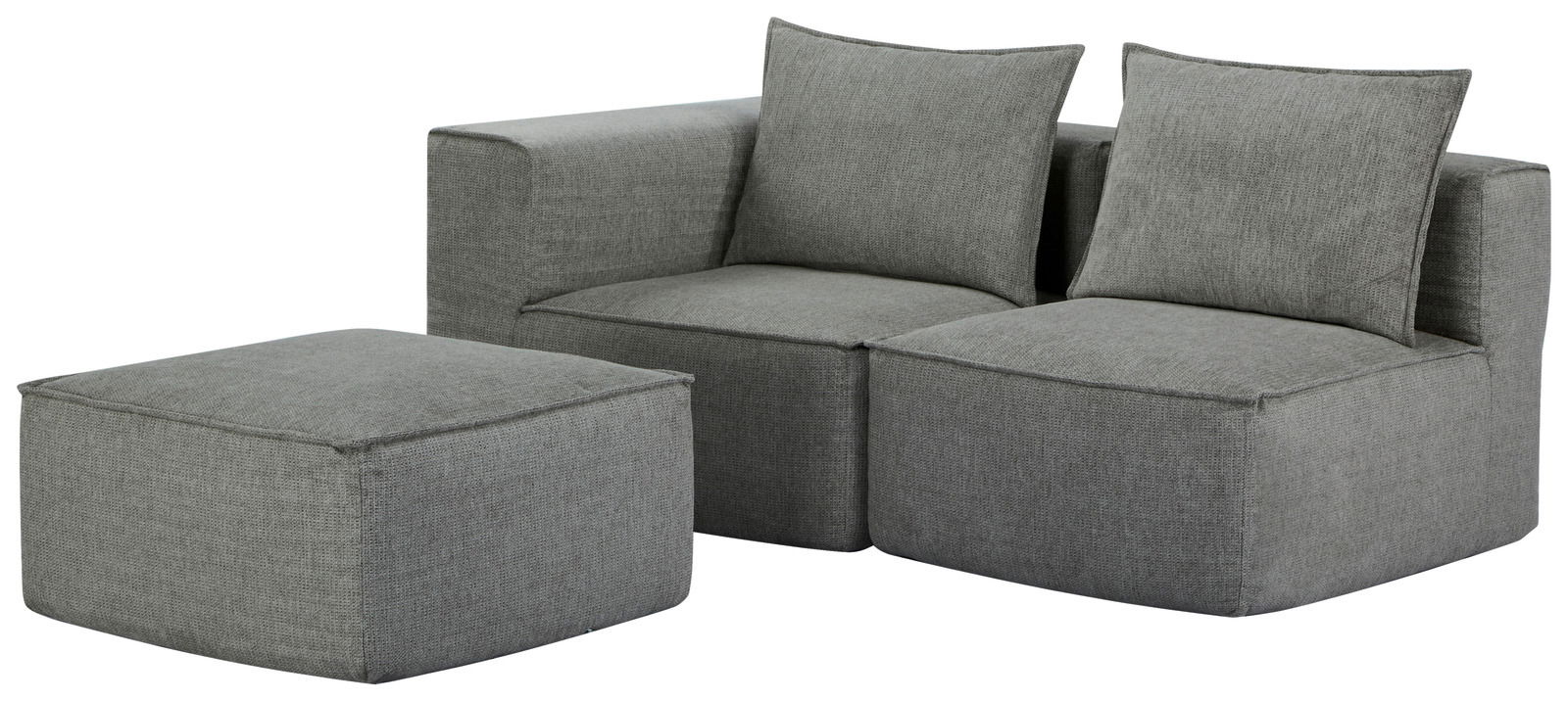 Graues modulares Sofa-Set mit zwei Sitzkissen und einem Hocker, seitliche Perspektive