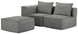 Graues modulares Sofa-Set mit zwei Sitzkissen und einem Hocker, seitliche Perspektive