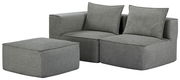 Graues modulares Sofa-Set mit zwei Sitzkissen und einem Hocker, seitliche Perspektive