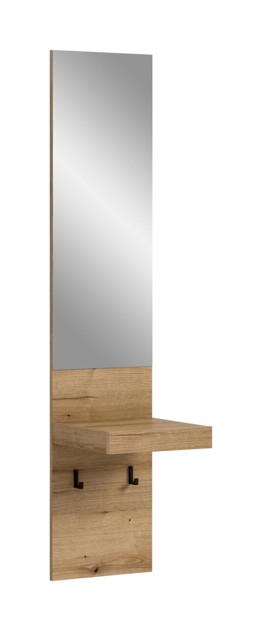 MID.YOU Garderoben/Spiegelpaneel NARO Wandgarderobe mit großem Spiegel, Ablage und zwei schwarzen Haken in Eiche-Optik, freigestellt, Frontansicht mit leichter Seitenperspektive