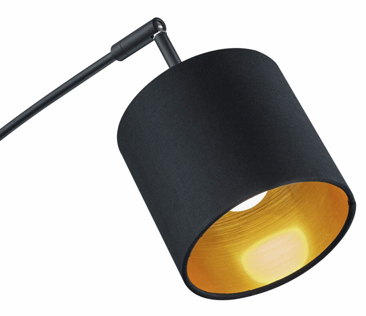 Reality Leuchten Stehleuchte TOMMY Nahaufnahme einer modernen Stehleuchte TOMMY mit schwarzem Lampenschirm und goldener Innenseite, seitliche Perspektive