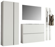 Garderobenset 220cm in Weiß, bestehend aus einem hohen Schrank, einem Spiegel, einer Kommode und zwei Wandpaneelen mit Haken, frontal betrachtet.
